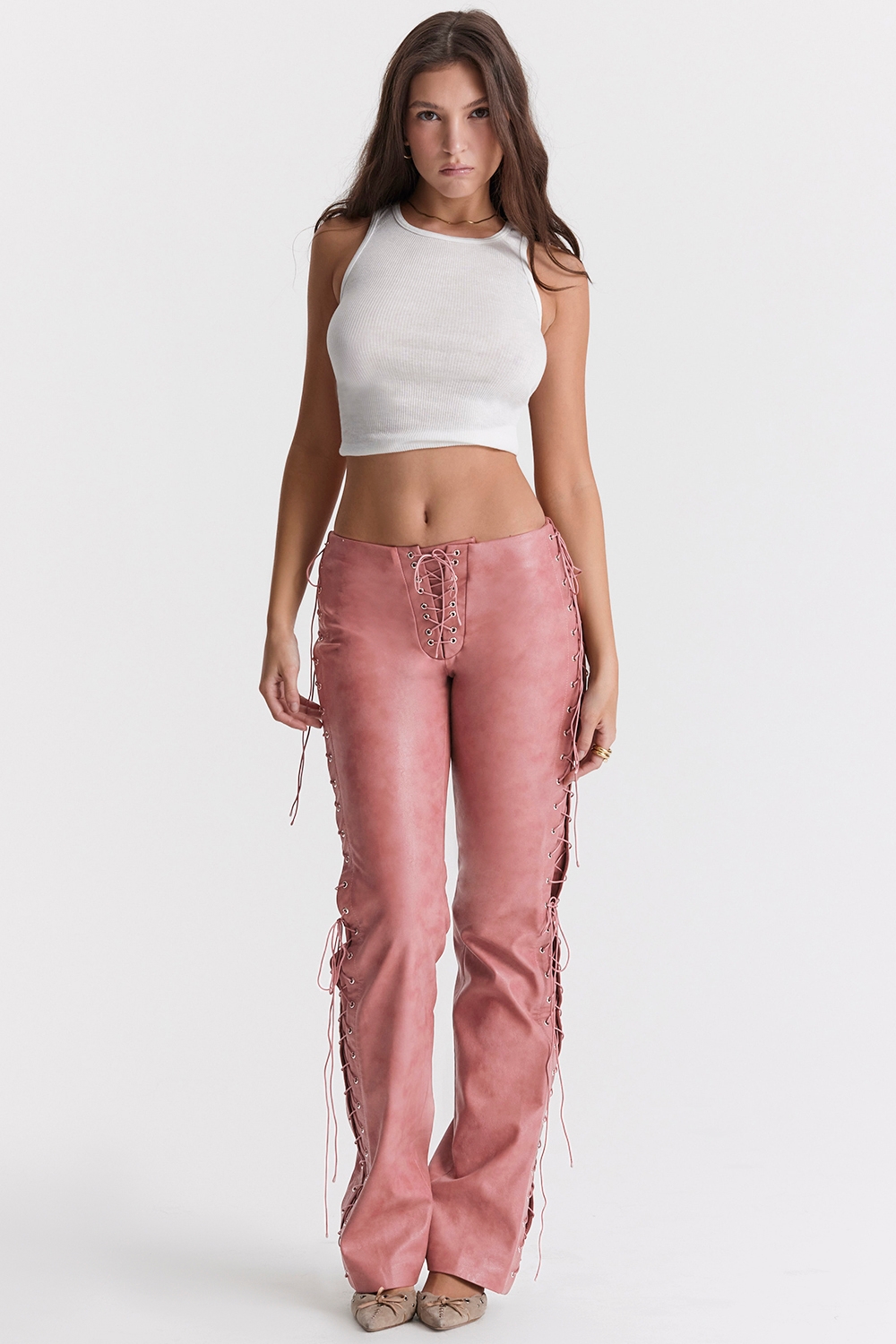 Drew, Warm Pink Vegan Leather Lace Up Trousers - SALE