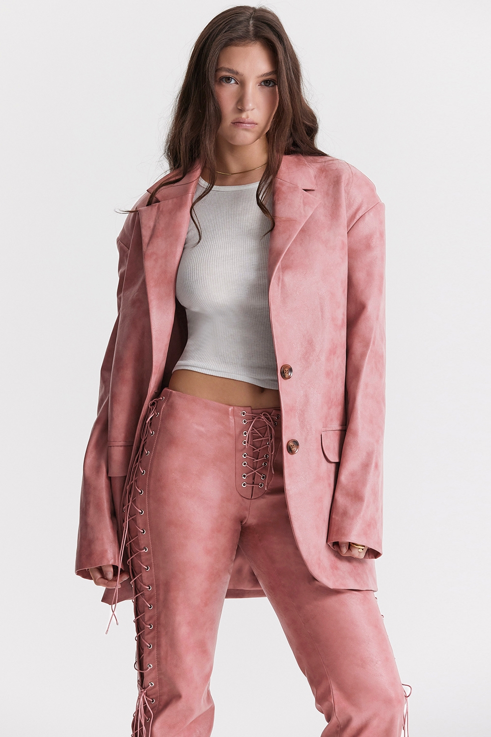 Kiera, Warm Pink Vegan Leather Oversized Blazer - SALE