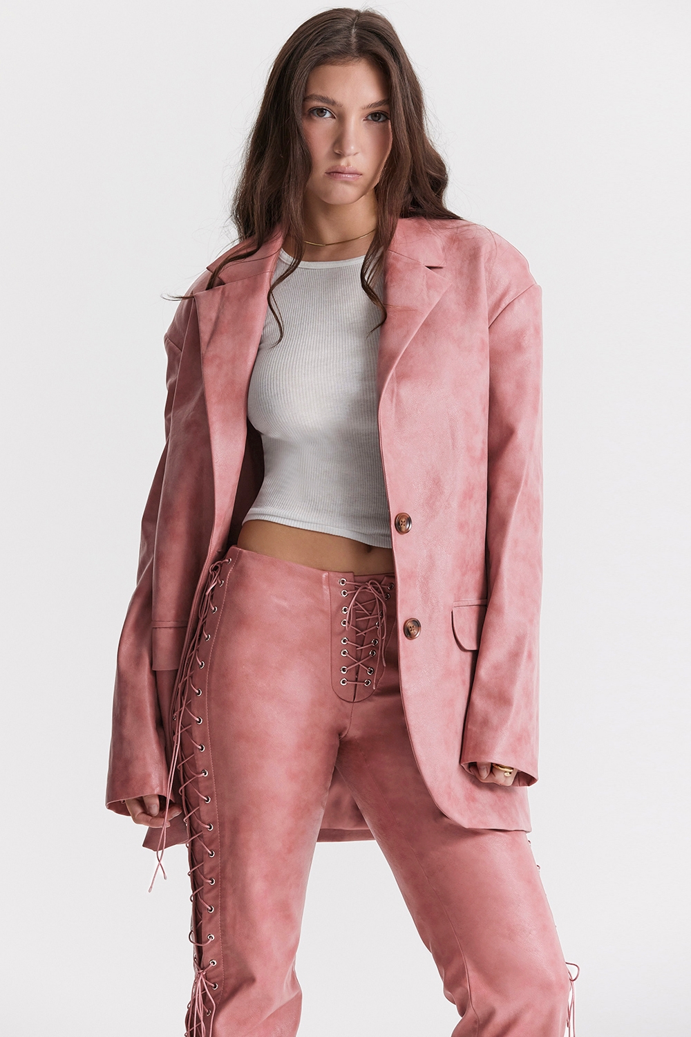 Kiera, Warm Pink Vegan Leather Oversized Blazer