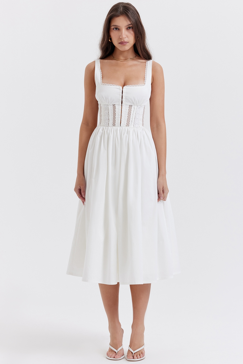 Perle, White Lace Trim Midi Dress