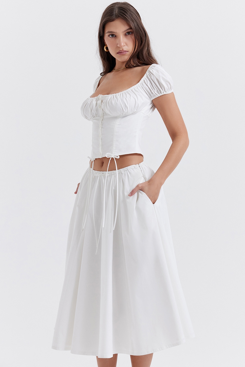 Cora, White Gathered Midi Skirt