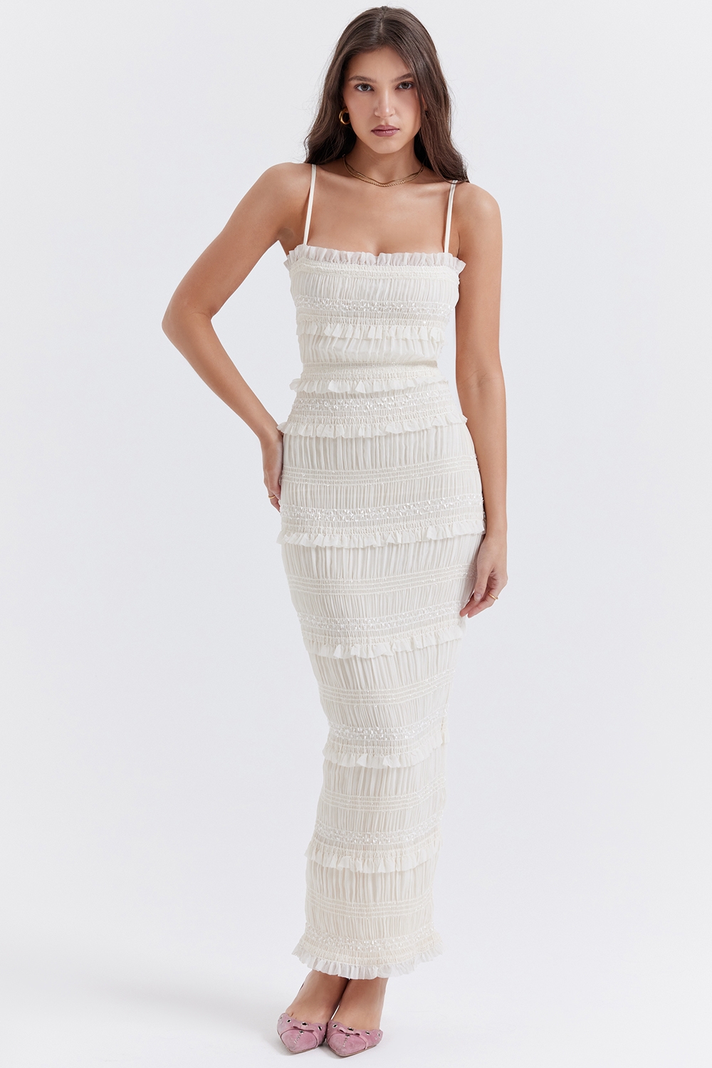 Solana, Ivory Sequin Pleat Maxi Dress - SALE