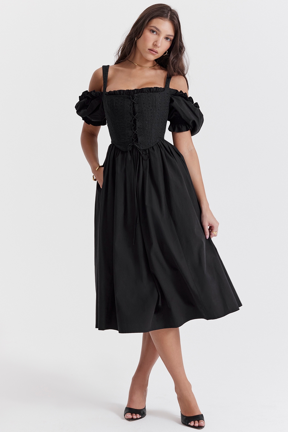 Silvana, Black Puff Sleeve Midi Sundress