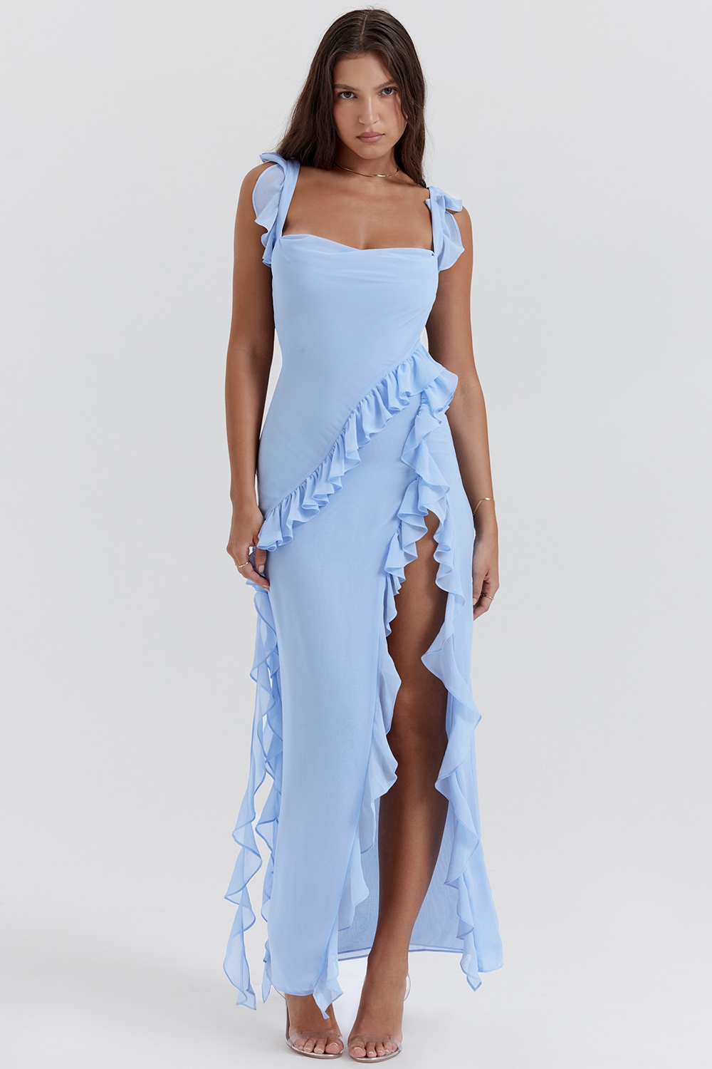 Ariela, Soft Blue Ruffle Maxi Dress