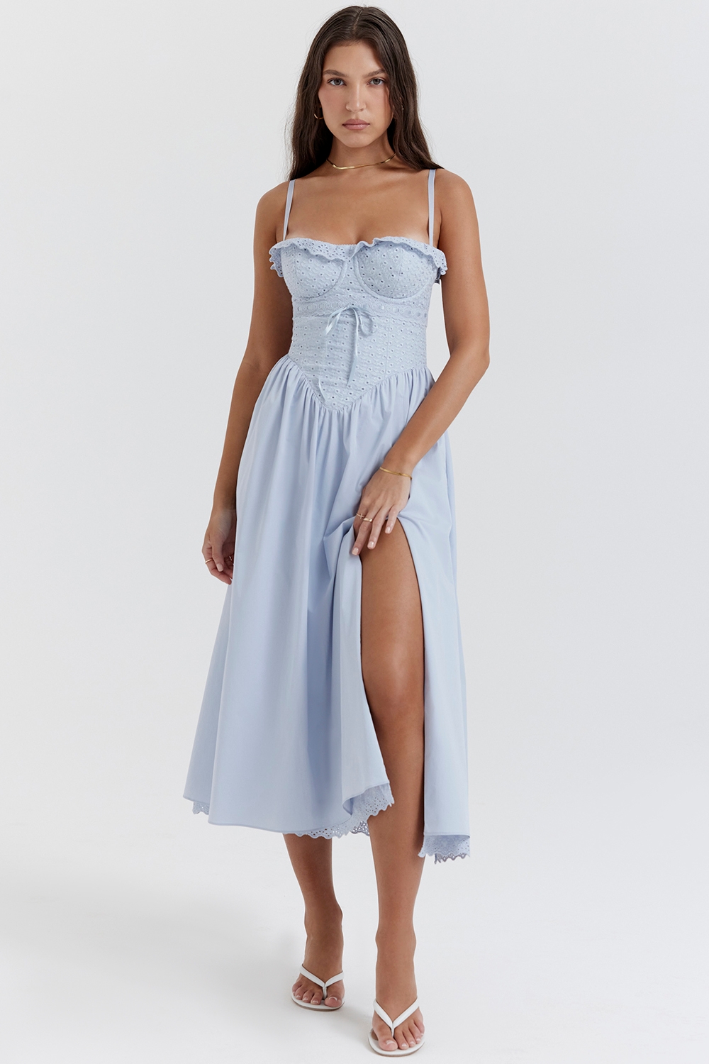 Jaime, Soft Blue Cotton Broderie Anglais Midi SunDress