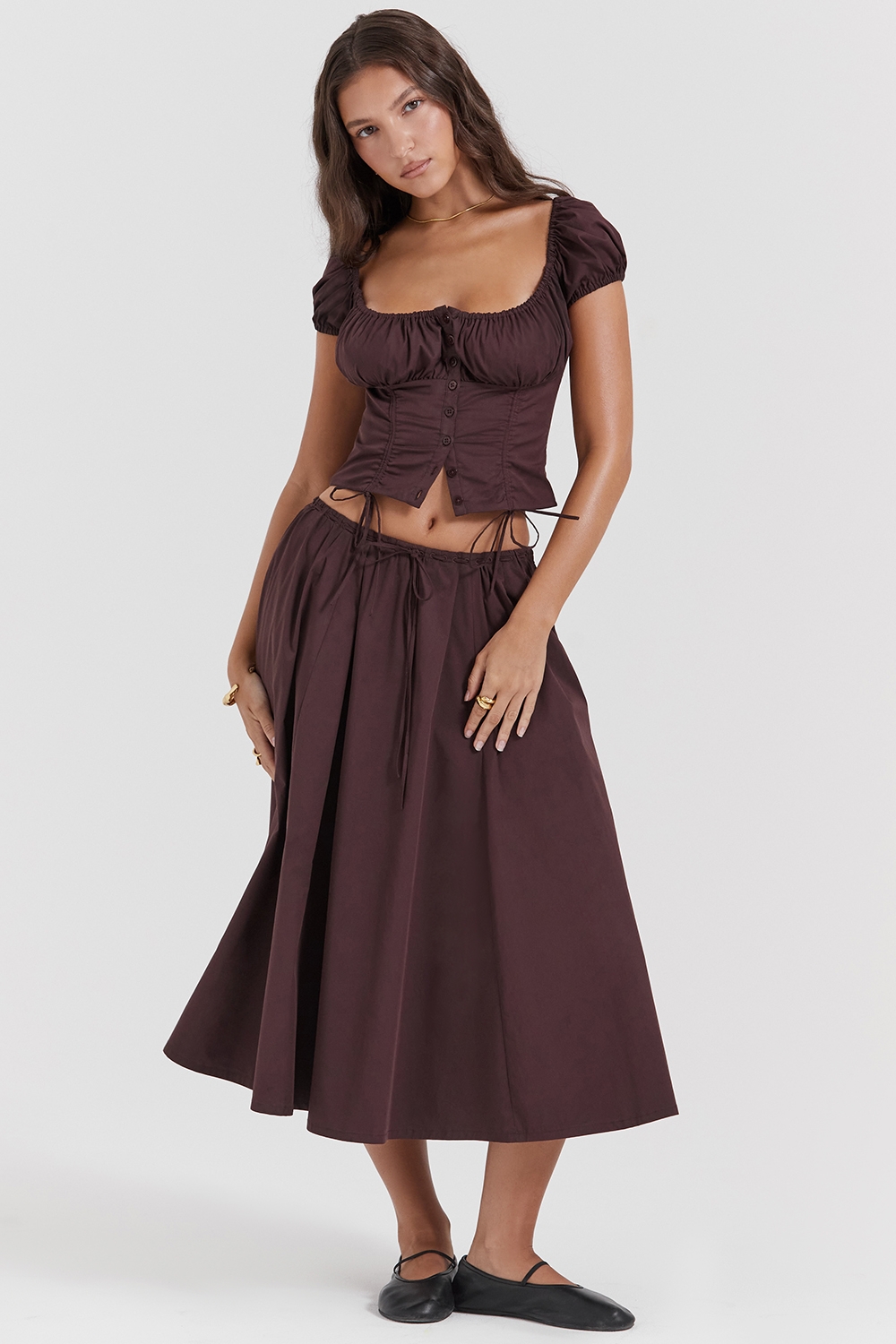 Cora, Rich Brown Gathered Midi Skirt