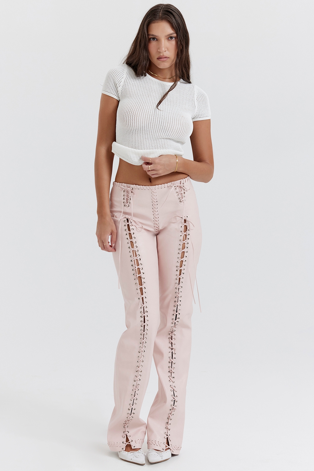 Elliot, Peach Vegan Leather Lace Up Trousers