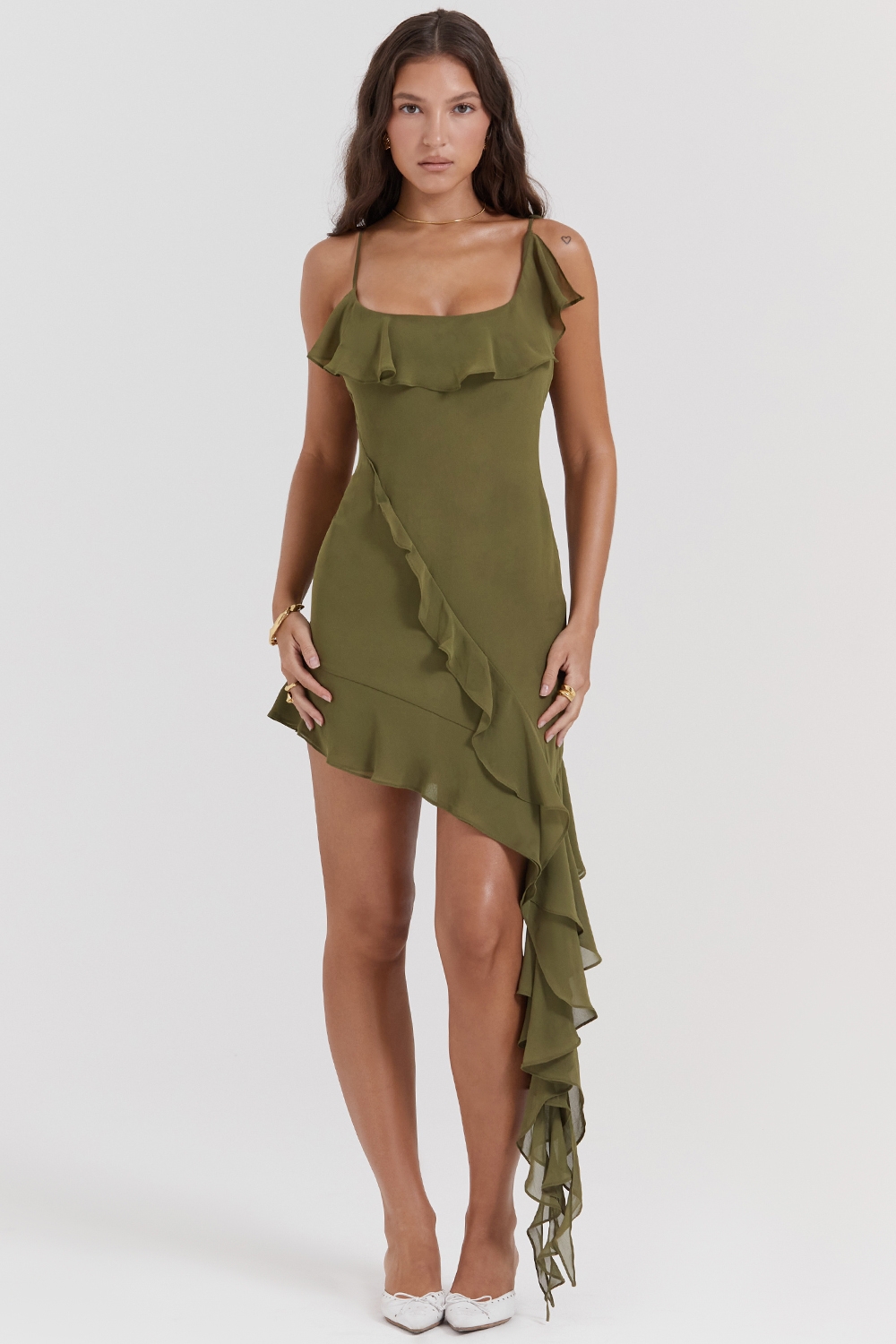 Marcia, Olive Ruffle Mini Dress