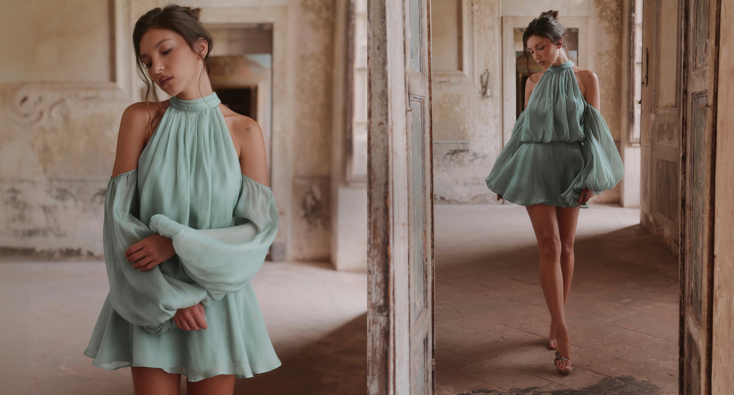 Frontal view of model wearing Chantelle Jade Silk Organza Open Back Mini Dress