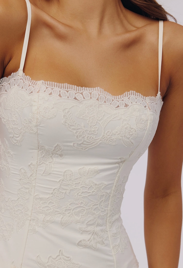 Frontal view of the Ayana White Lace Boned Corset Top