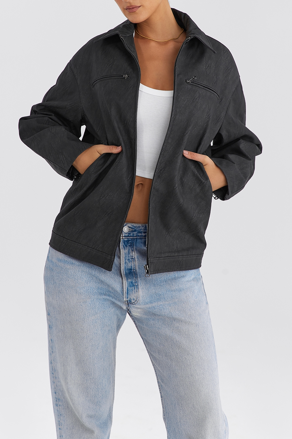 Mistress Rocks Slate Oversized Vegan Leather Jacket - SALE