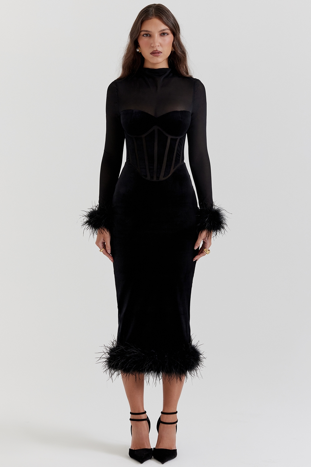 Lianna Black Velvet Midi Dress