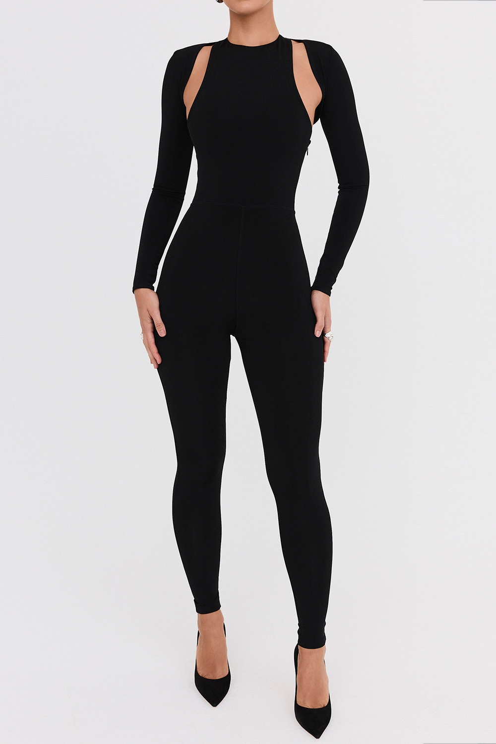 Mistress Rocks Black Lycra Jersey Jumpsuit With Shrug - SALE