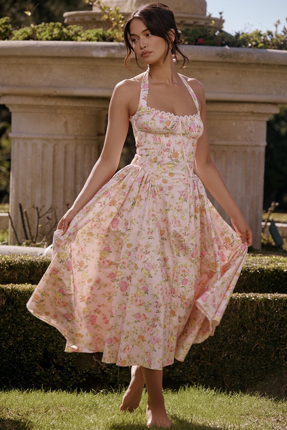 Adabella Pink Meadow Print Cotton Halter Midi Sundress