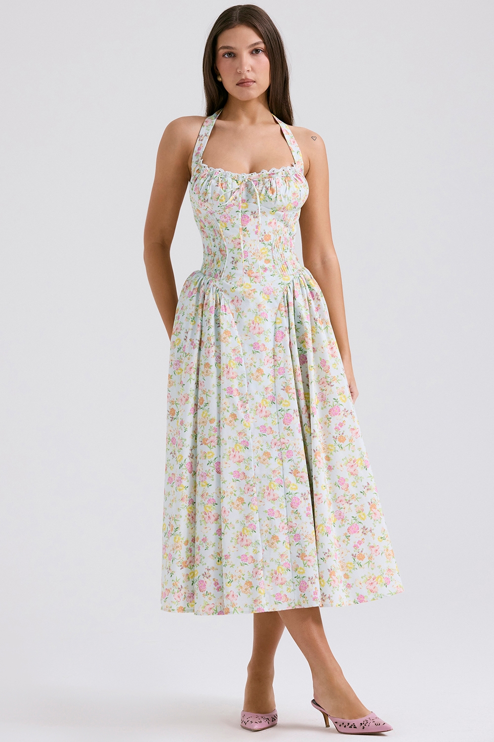 Adabella Pale Blue Meadow Print Cotton Halter Sundress