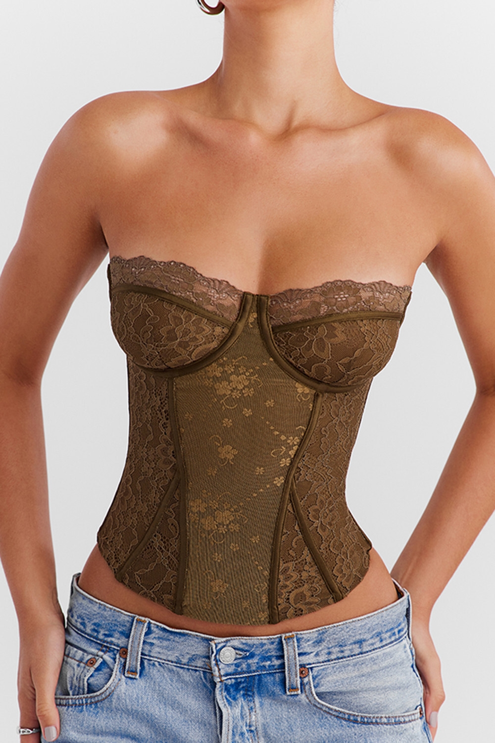 Mistress Rocks Olive Green Lace Underwired Corset - SALE