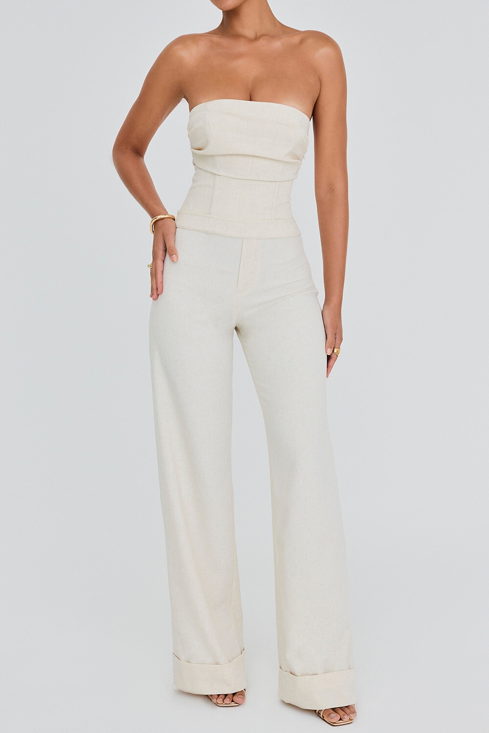 Mistress Rocks Beige Strapless Wide Leg Jumpsuit - SALE