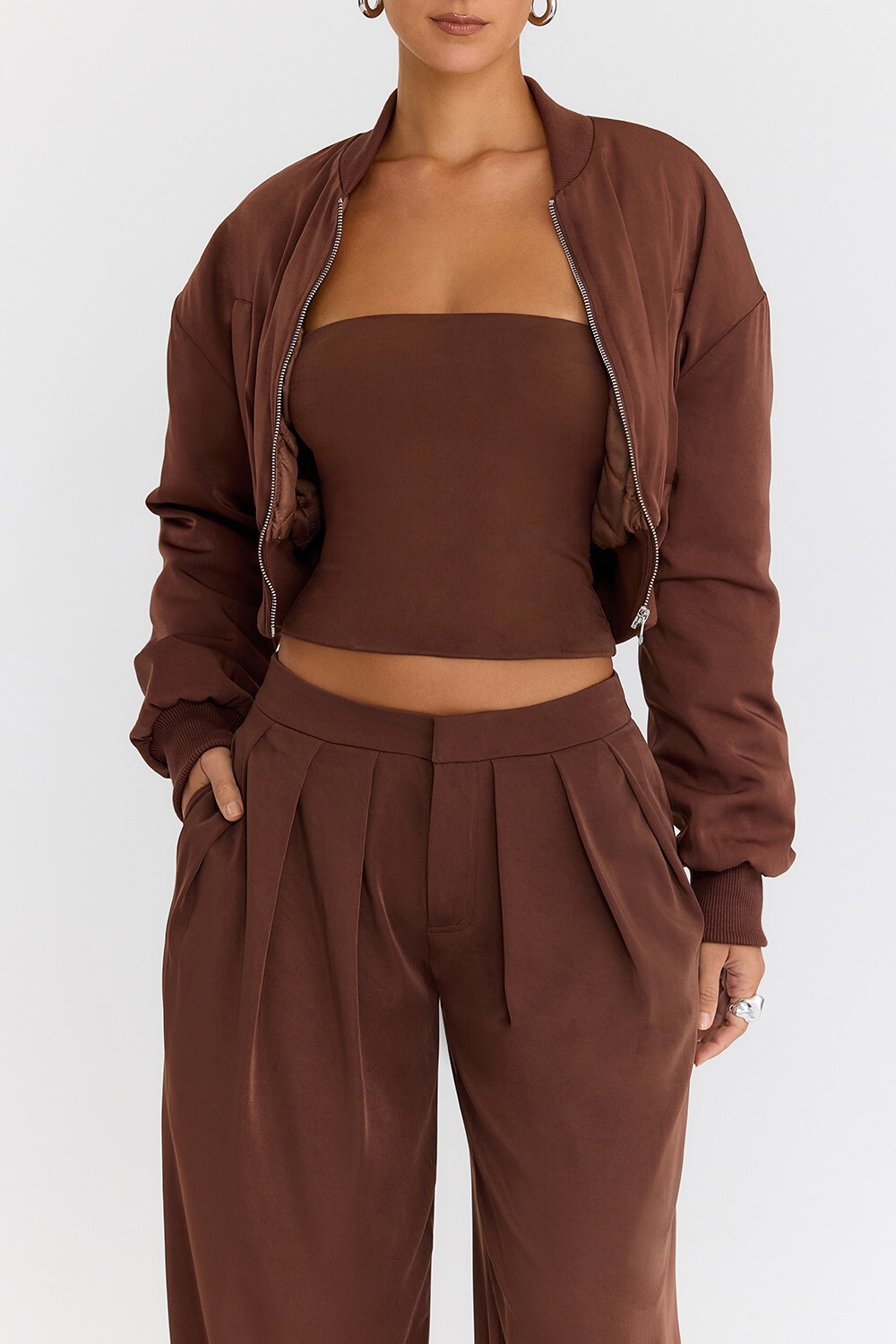 Mistress Rocks Cocoa Cropped Bomber Jacket - SALE