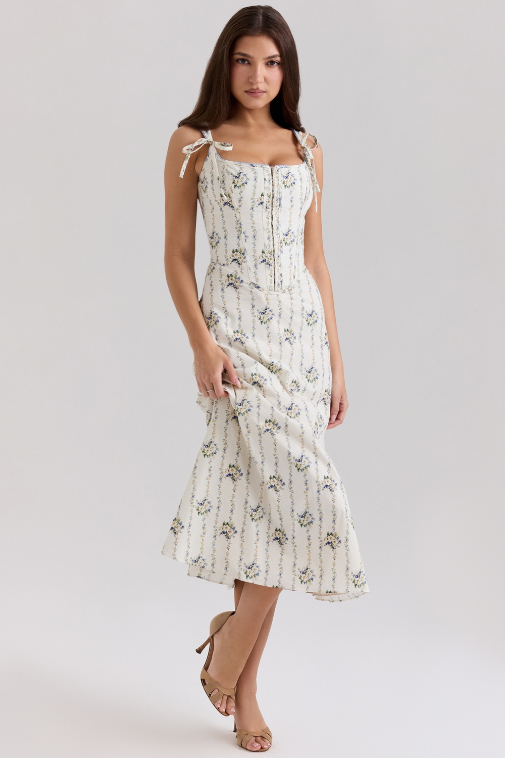 Dionne Cream Daisy Print Stretch Cotton Midi Dress