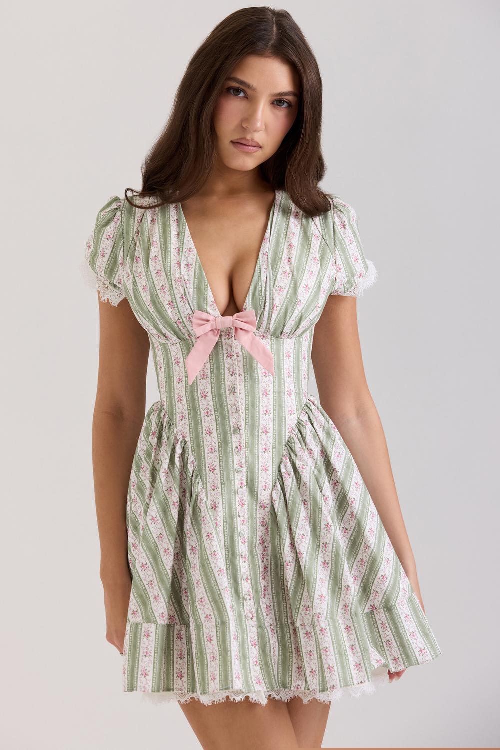 Emiliana Green Stripe Floral Print Stretch Cotton Mini Dress
