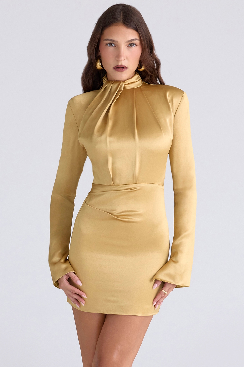 Amala Gold Long Sleeve Satin Mini Dress