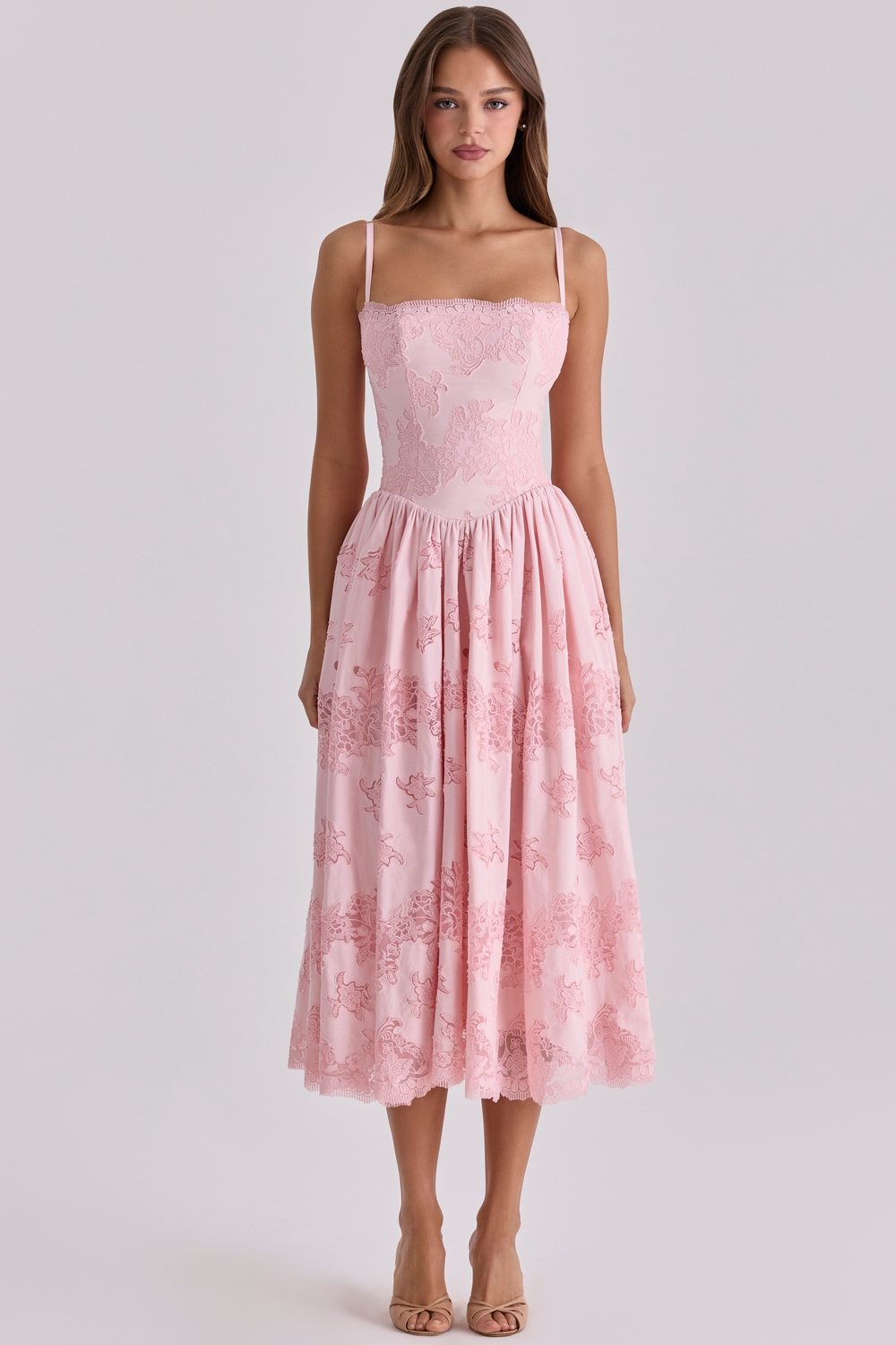 Chloe Pink Cotton Broderie Anglais Lace Midi Sundress