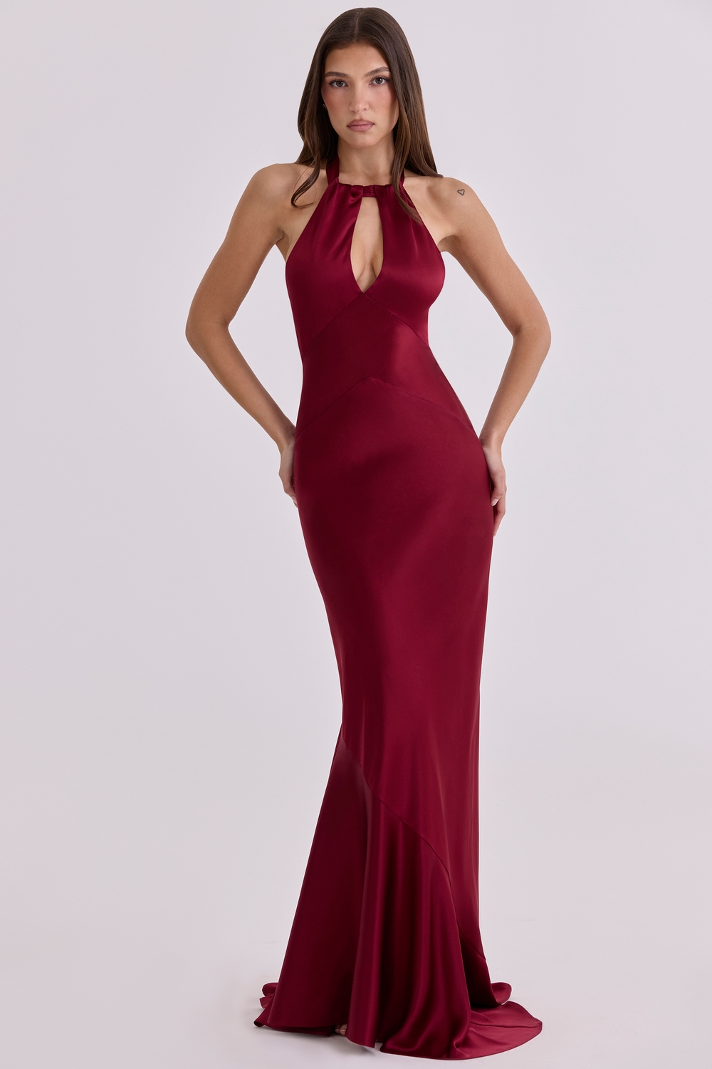 Oliviana Wine Satin Halter Maxi Dress