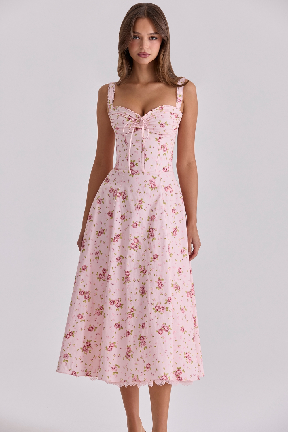Rosalee Vintage Rose Pink Floral Print Midi Dress