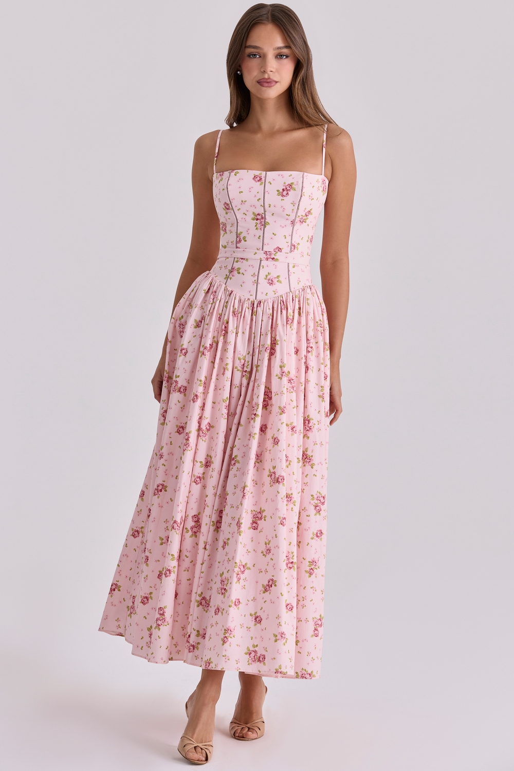 Ysabella Pink Vintage Rose Print Cotton Midi Sundress