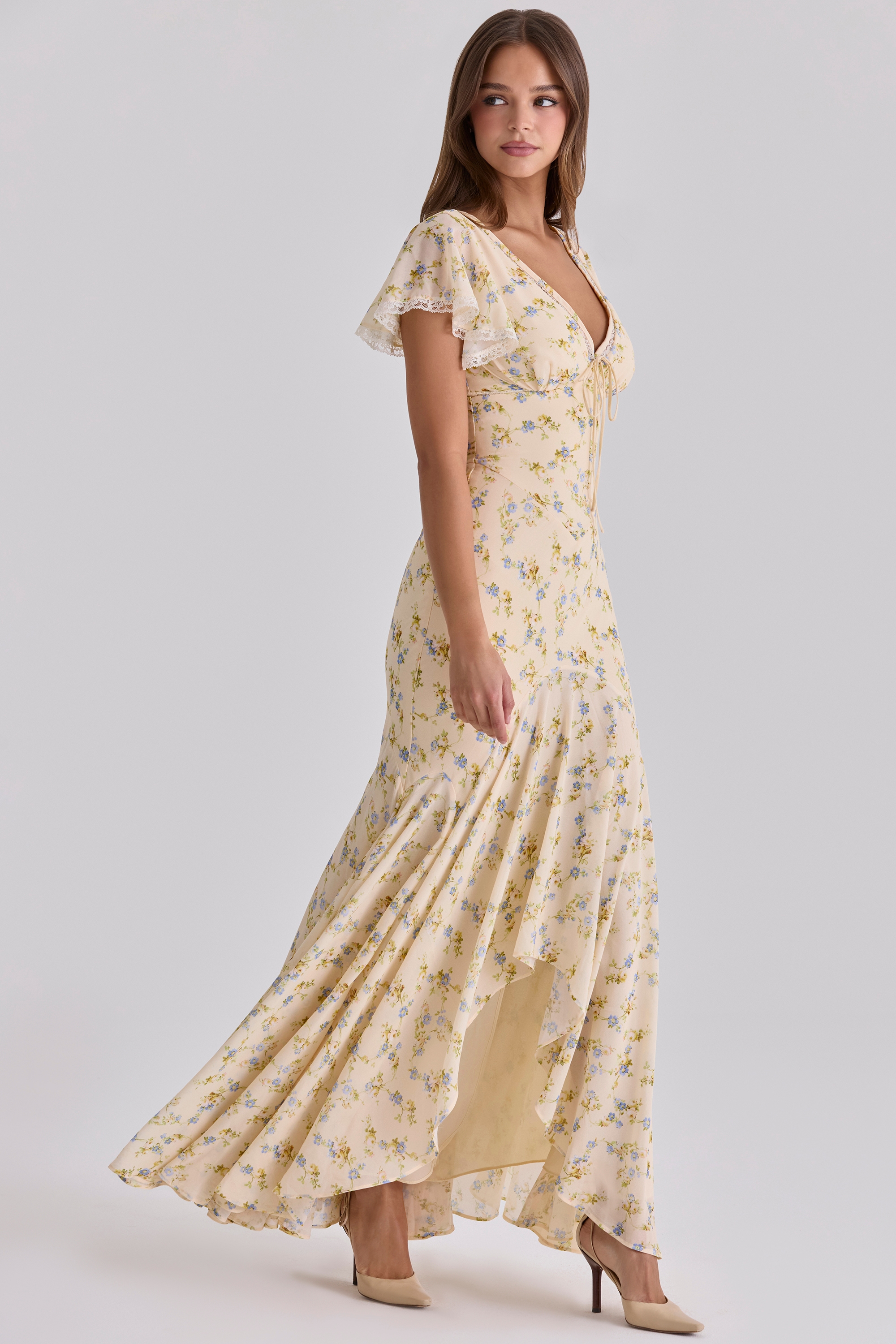 'Amina' Lemon Floral Print Georgette Maxi Tea Dress 'Amina' Lemon Floral Print Georgette Maxi Tea Dress