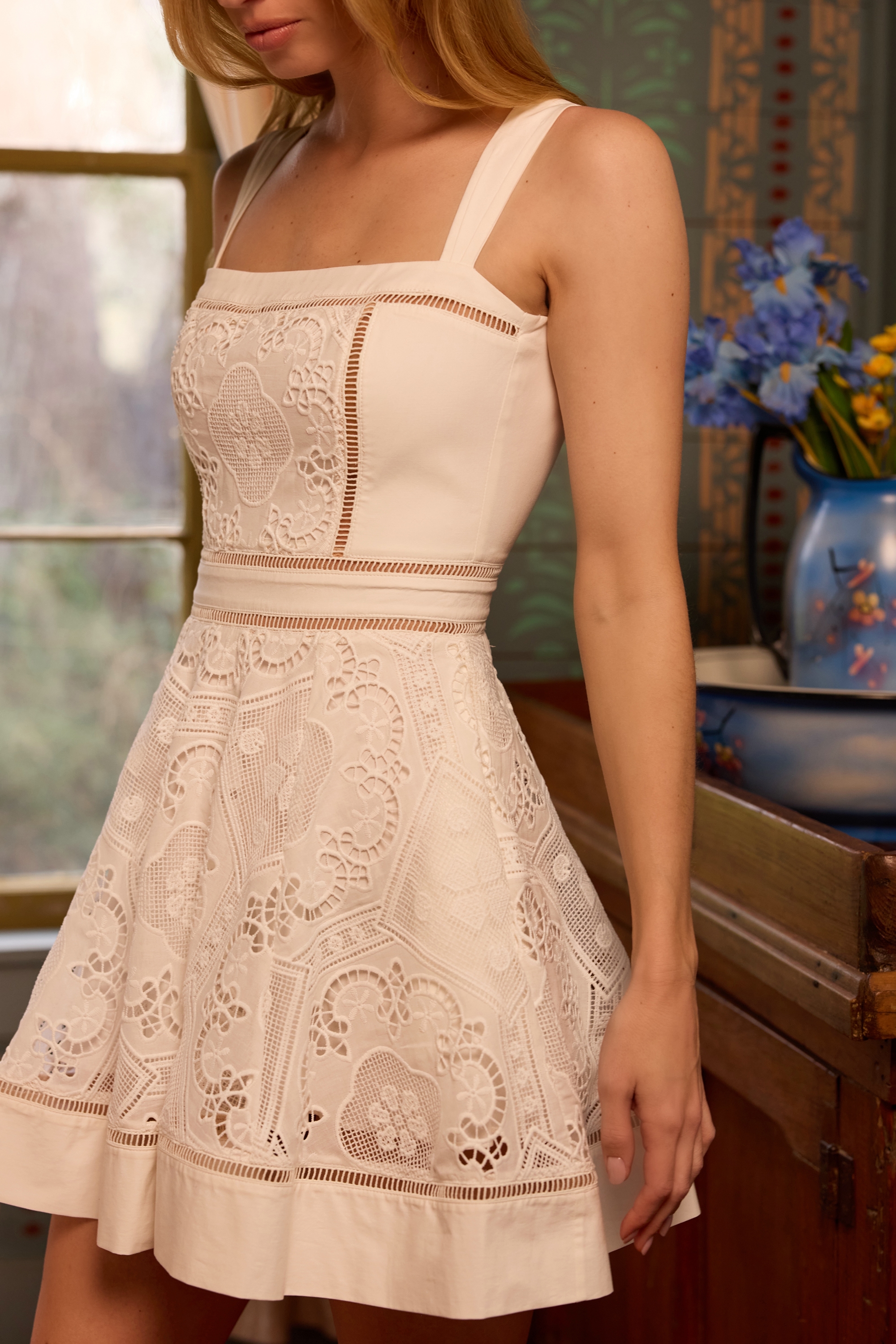 'Ava' White Custom Lace Cotton Broderie Anglaise Mini Sundress 'Ava' White Custom Lace Cotton Broderie Anglaise Mini Sundress