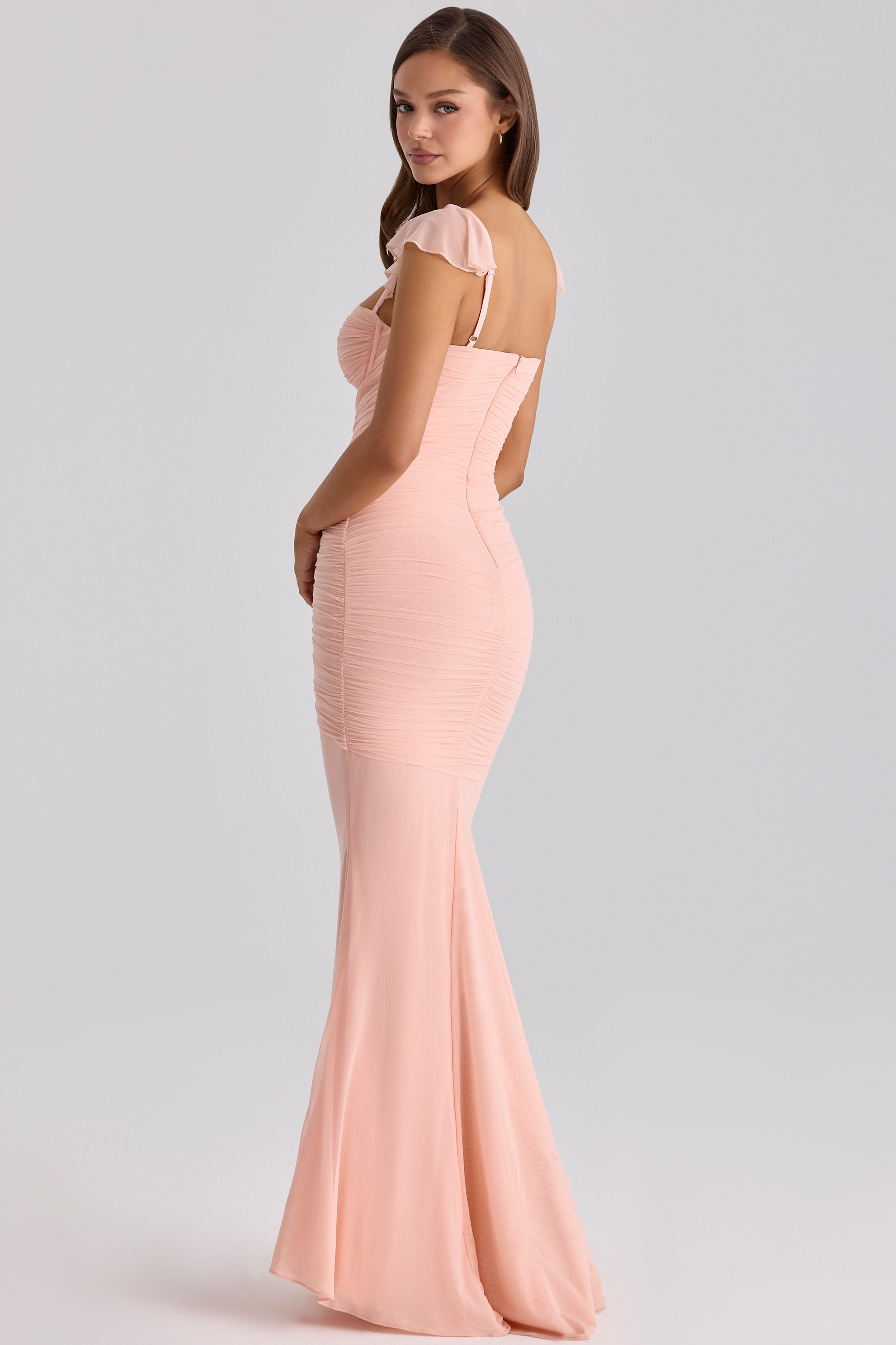 peach blurred mesh extreme cowl neck maxi dress boohoo Women's Mesh Extreme Cowl Neck Maxi Dress in Wine