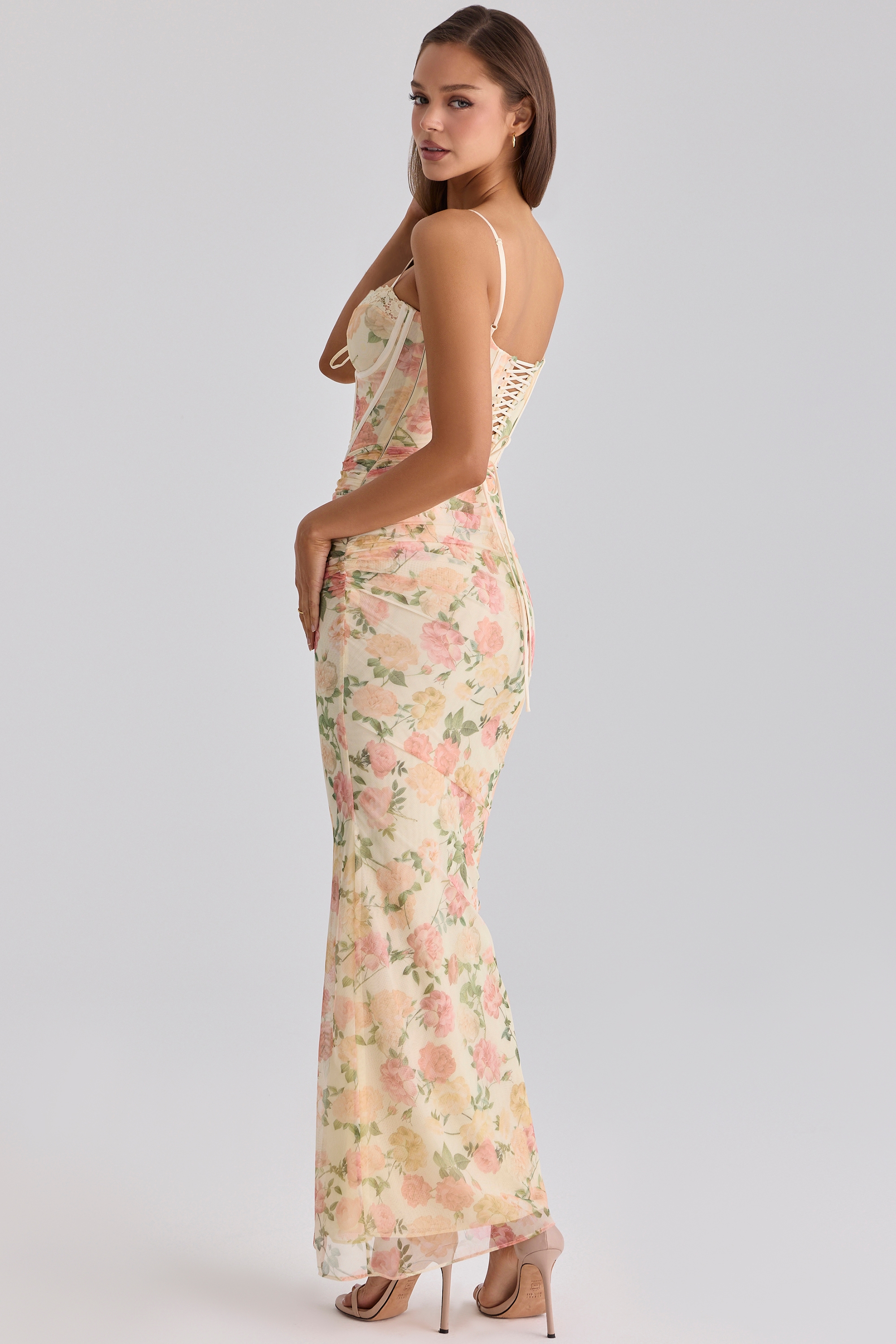 House of CB Calista | Peach Floral Mesh & Romantic Evening Dress House of CB Calista | Peach Floral Mesh & Romantic Evening Dress