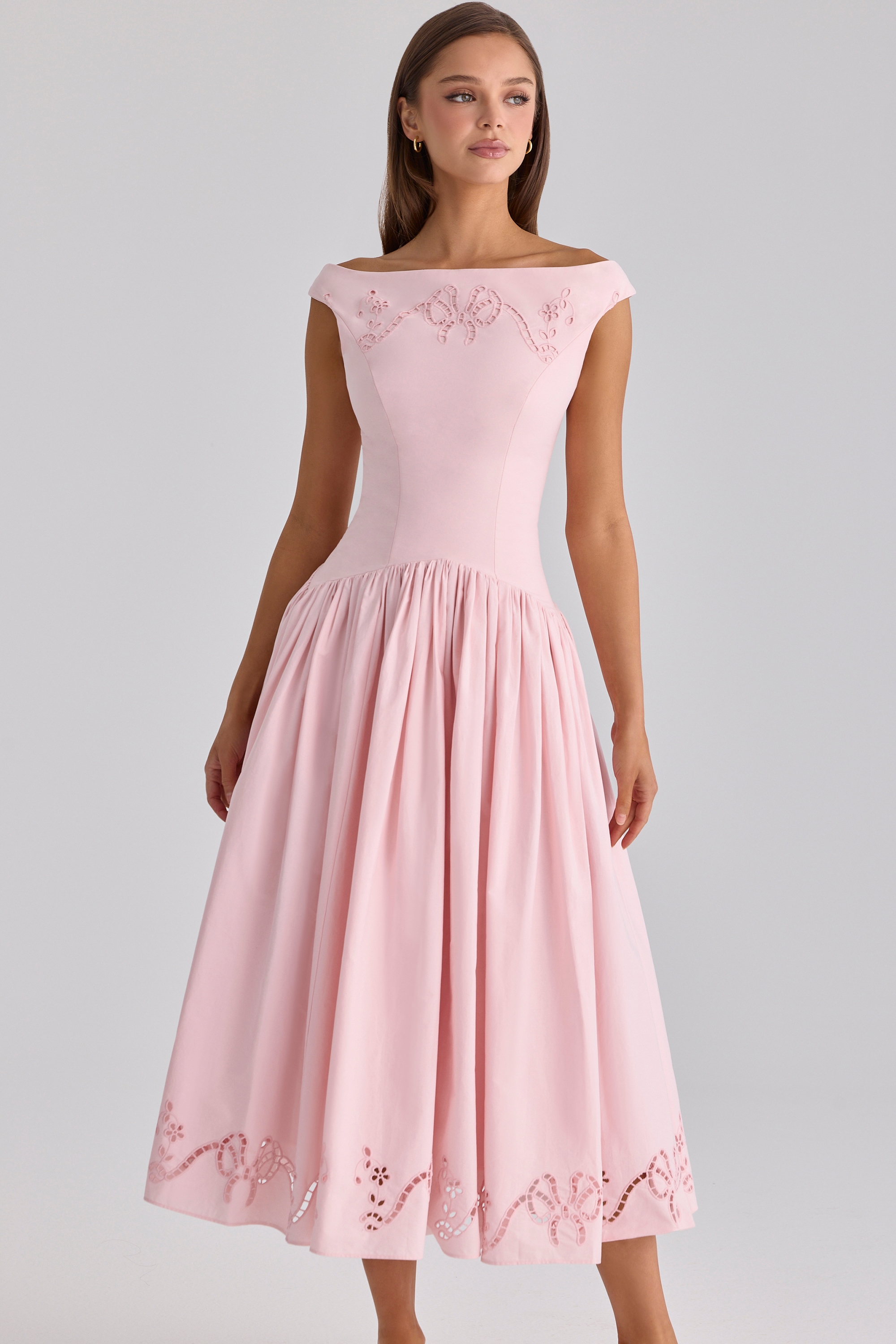 Boat Neck Cotton Maxi Dress | Luxury Pink Eyelet Summer Gown Boat Neck Cotton Maxi Dress | Luxury Pink Eyelet Summer Gown