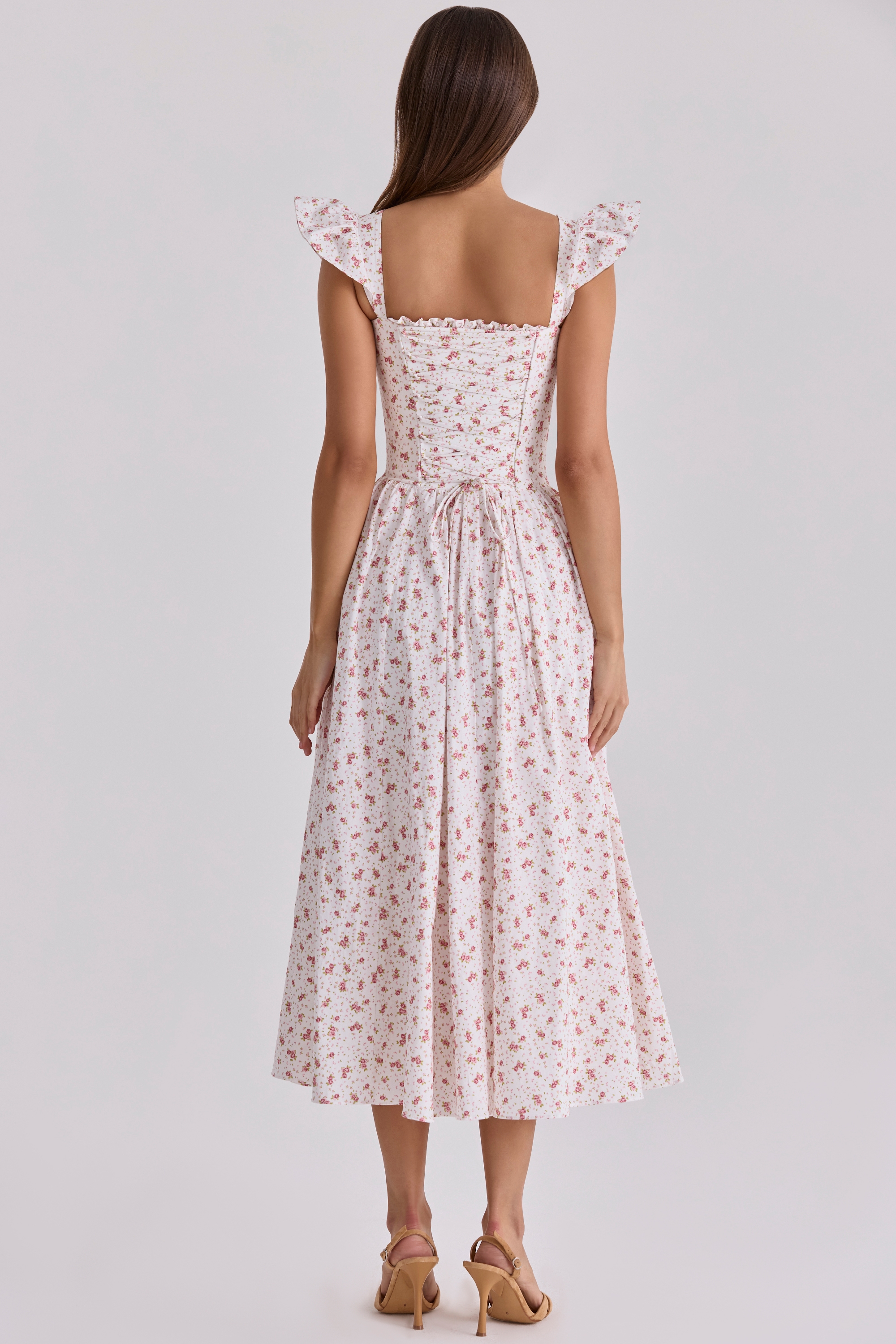 Clothing: Midi Dresses: 'Livia' White Ditsy Floral Print Cotton Midi Sundress Clothing: Midi Dresses: 'Livia' White Ditsy Floral Print Cotton Midi Sundress