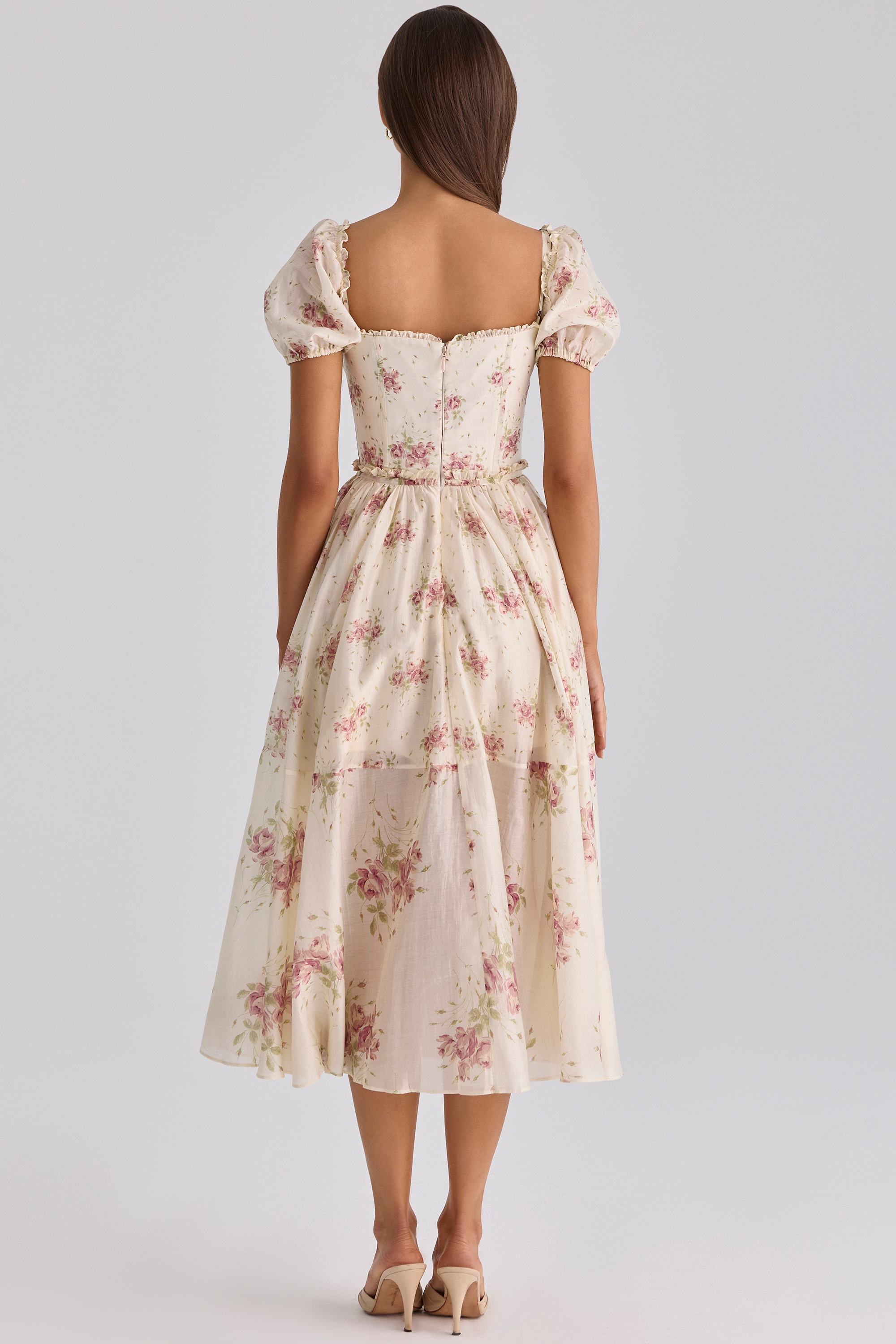 'Penelope' Ivory Vintage Rose Print Chiffon Midi Dress 'Penelope' Ivory Vintage Rose Print Chiffon Midi Dress