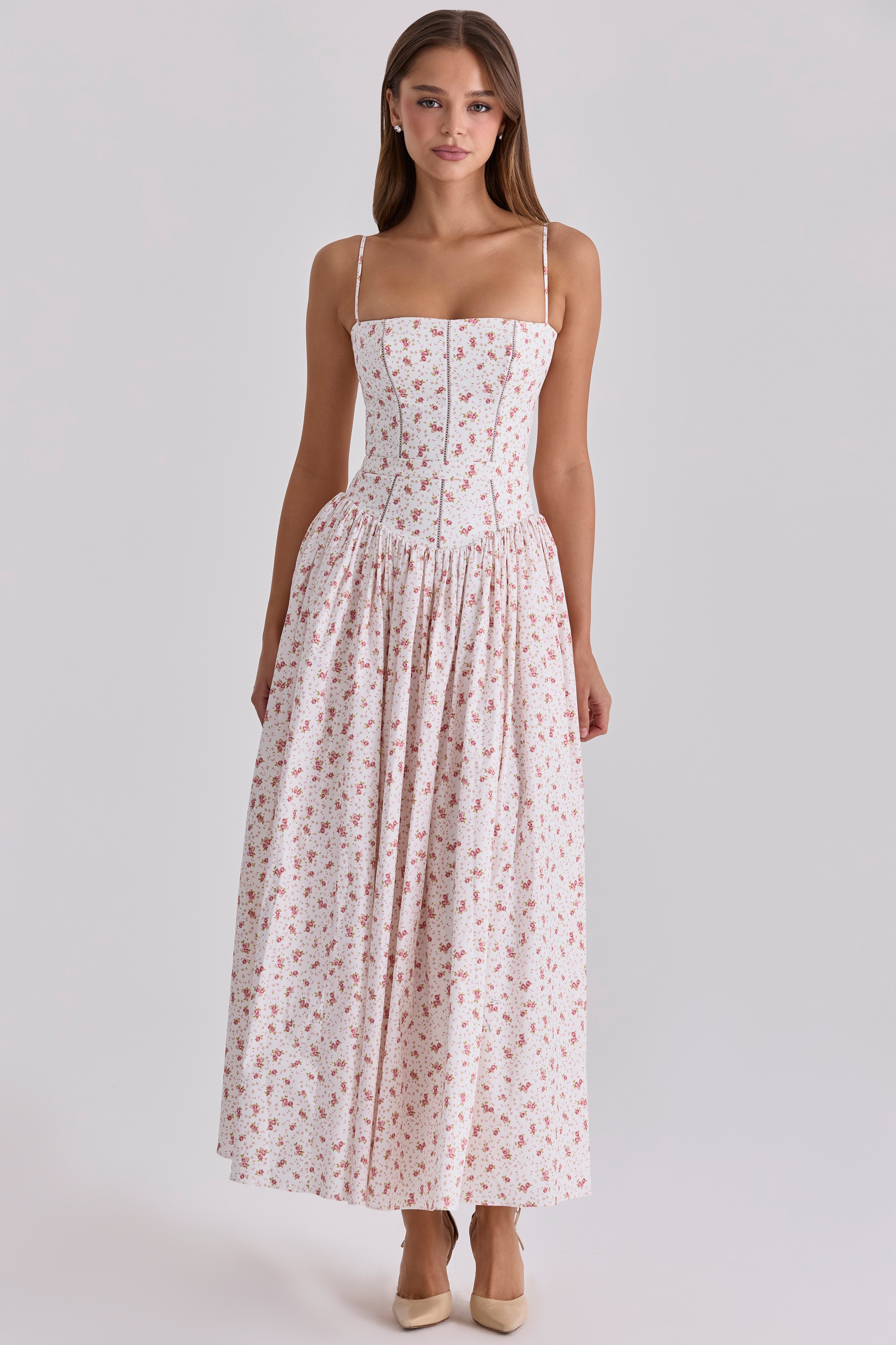 white posy print cotton maxi dress Clothing : Midi Dresses : 'Ysabella' White Posy Print Cotton Midi Sundress