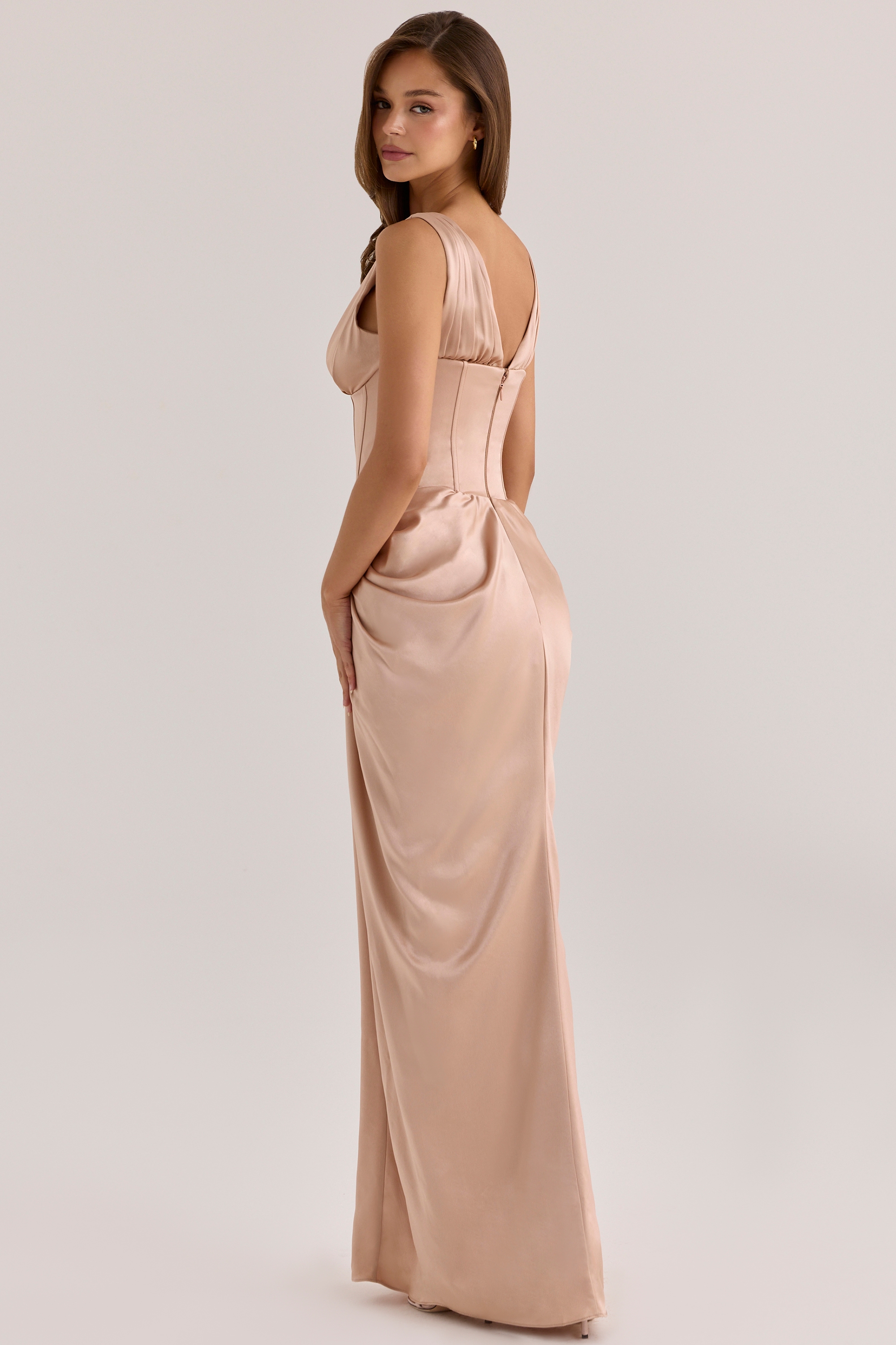 house of cb champagne satin dress Clothing: Maxi Dresses: 'Vittoria' Champagne Chiffon Floor Length Gown