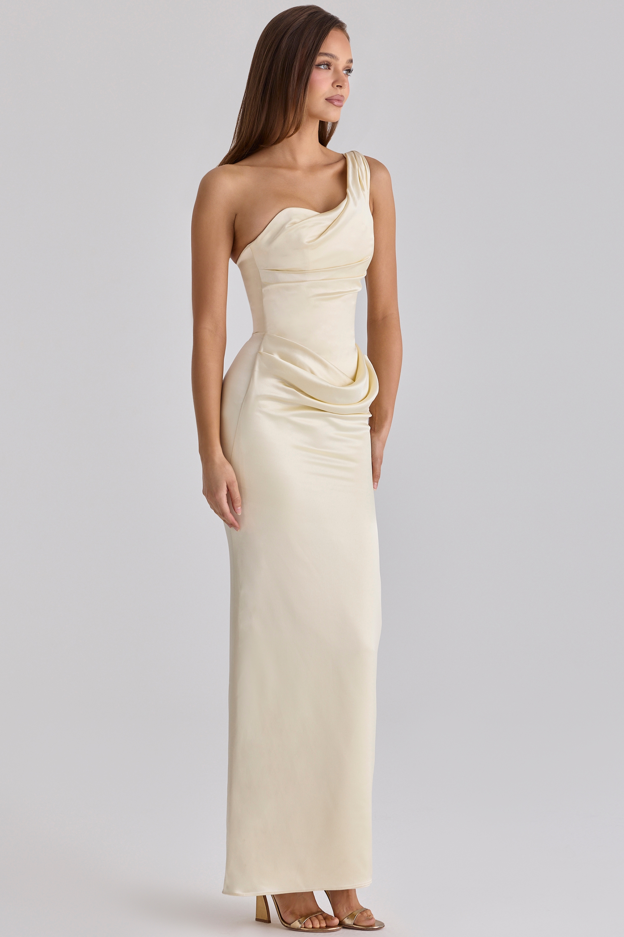 lemon satin one shoulder maxi dress Romantic Tales Satin One Shoulder Maxi Dress Yellow