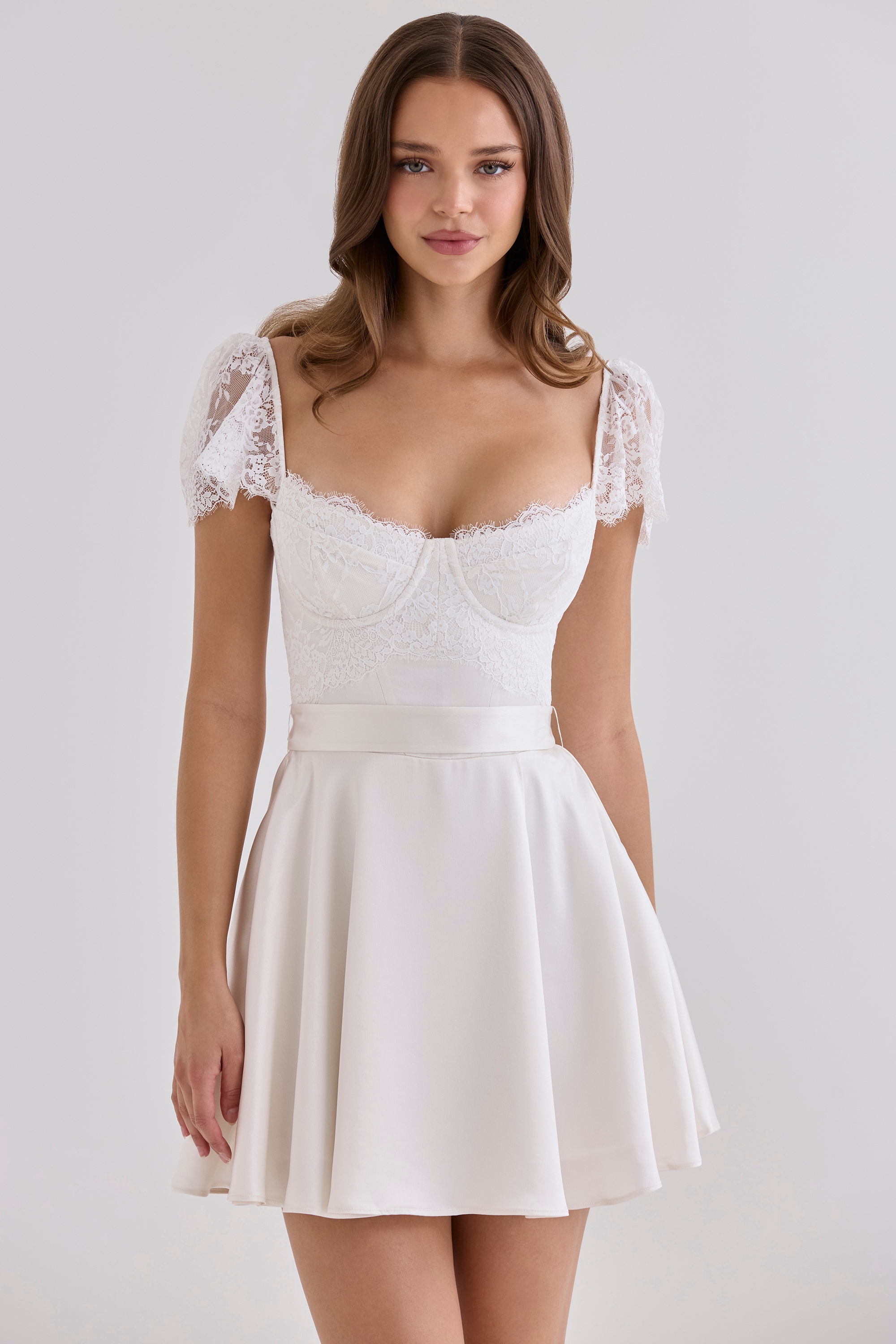 white satin lace mini dress White Satin Mini Dress Black Lace Sleeves