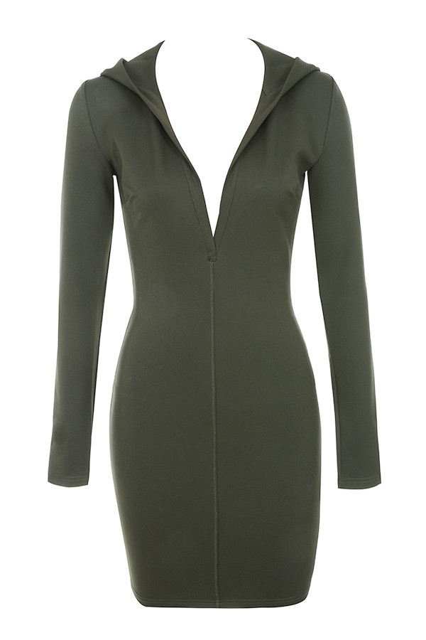 Clothing : Bodycon Dresses : 'Rina' Khaki Scuba Jersey Hooded Mini Dress Clothing : Bodycon Dresses : 'Rina' Khaki Scuba Jersey Hooded Mini Dress